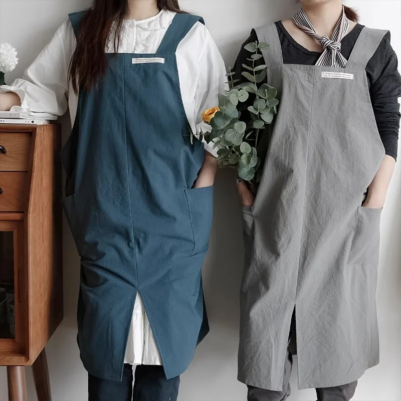 Vorne geteilte Küchenschürze aus gewaschener Baumwolle mit Taschen für Damen und Herren, schmutzabweisende Schürze mit Kreuzrücken zum Kochen, Backen, Reinigen