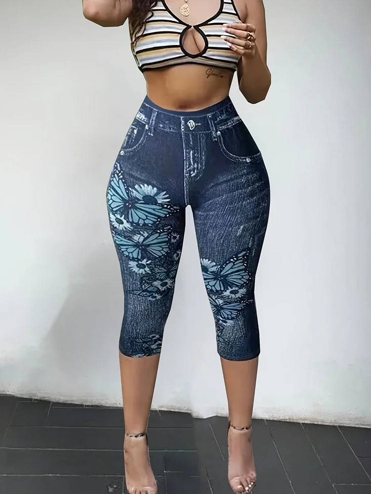 

Женская одежда больших размеров, весна-лето, узкие брюки с искусственными карманами и цветочным принтом, повседневные узкие брюки из искусственного денима с эластичной резинкой на талии