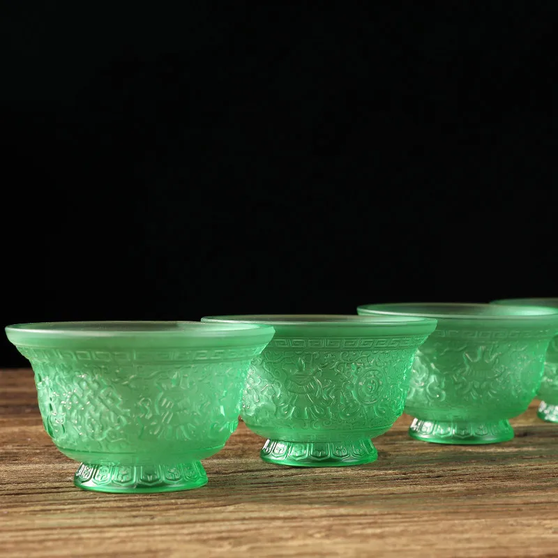 

8.4*5.1cm Resin Quality Green 7pscs/Set Eight Auspicious Symbol Treasured Decorate Lotus Base Home/Office Putting Bowls/Cups