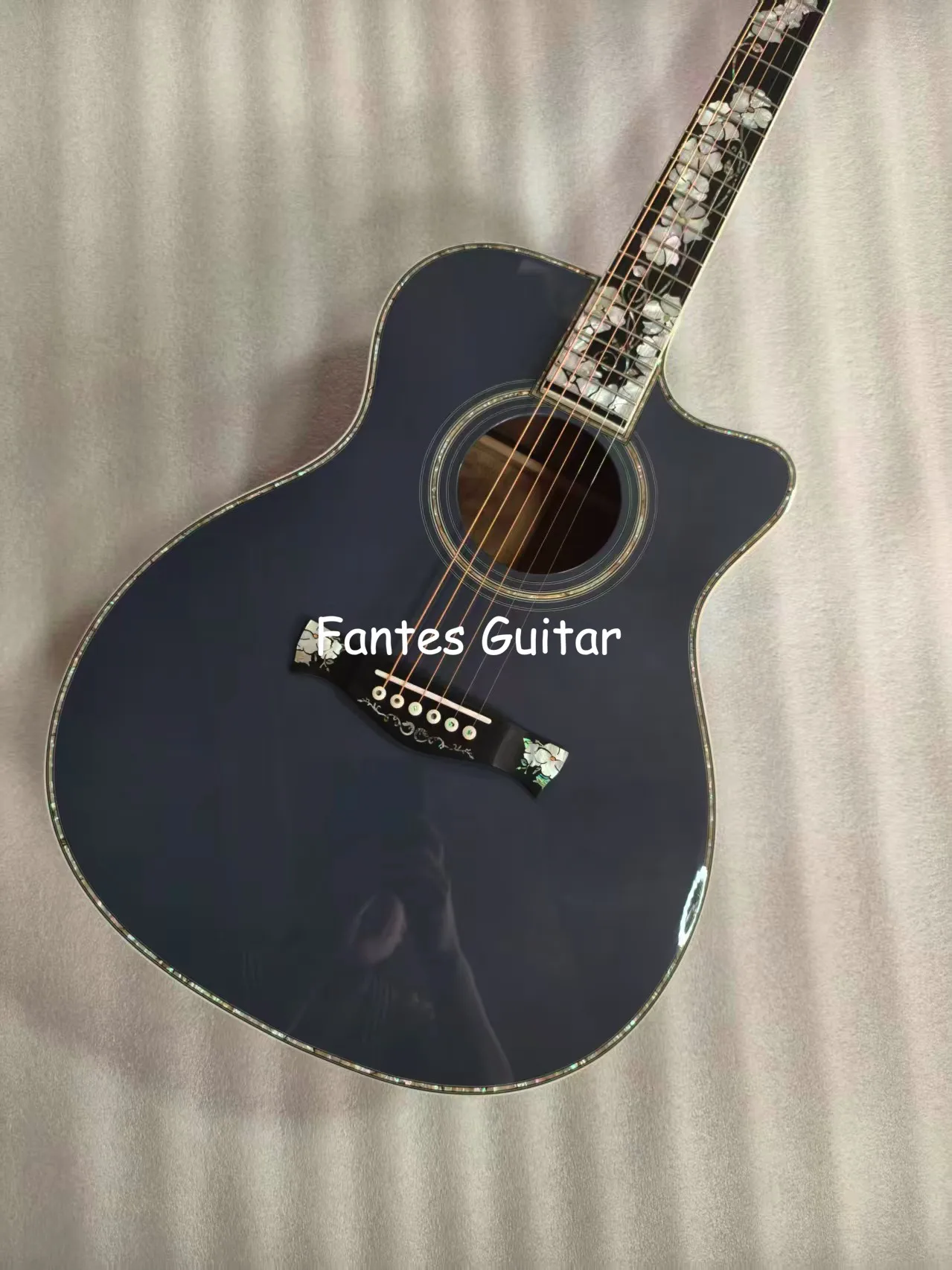 Custom OM Body Solid Spruce Top Water Ripple Solid Back Side Cutaway Acoustic Guitar