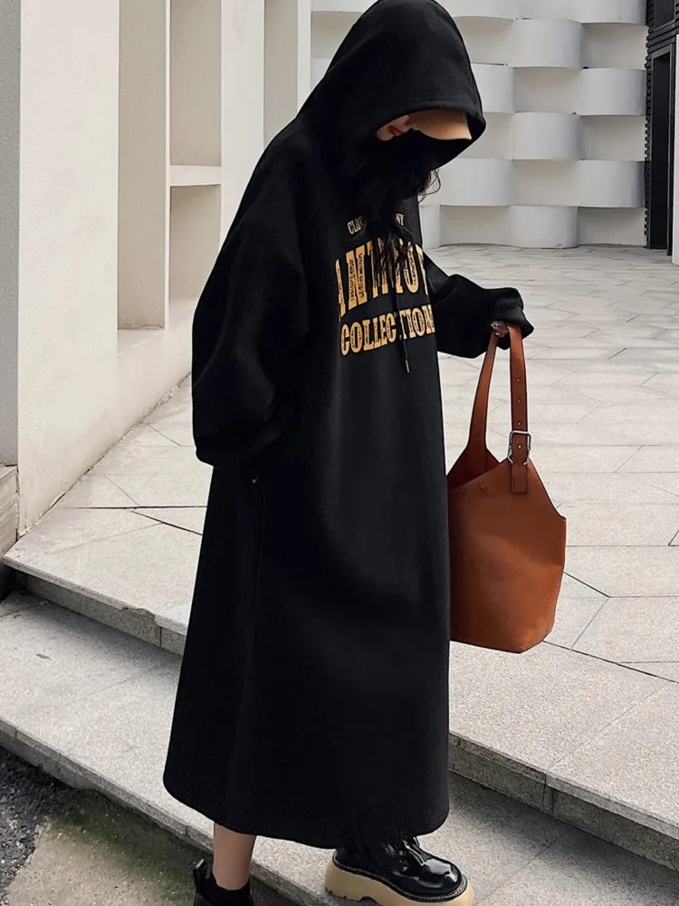 Autumn Winter Thickened Fleece Long Hoodie Dress Casual Split Loose Plus Size Women's Fashion Knee-high Sweatshirt Dress