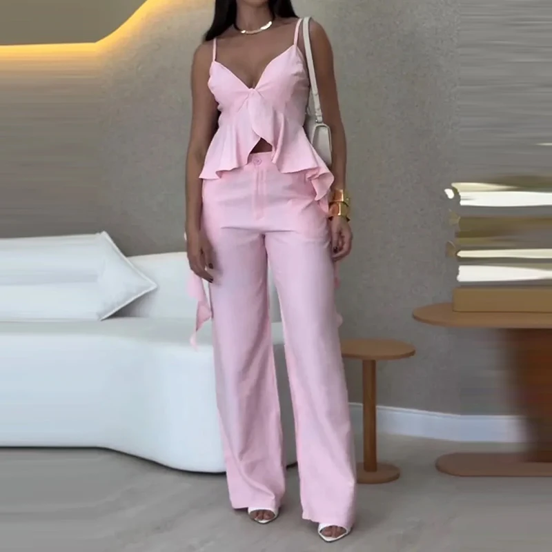 

Lady Solid Ruffles Edge Suspender Vest&Wide Leg Pants Sets Leisure Sleeveless Commuting Outfits Women's Set Elegant V Neck Suits