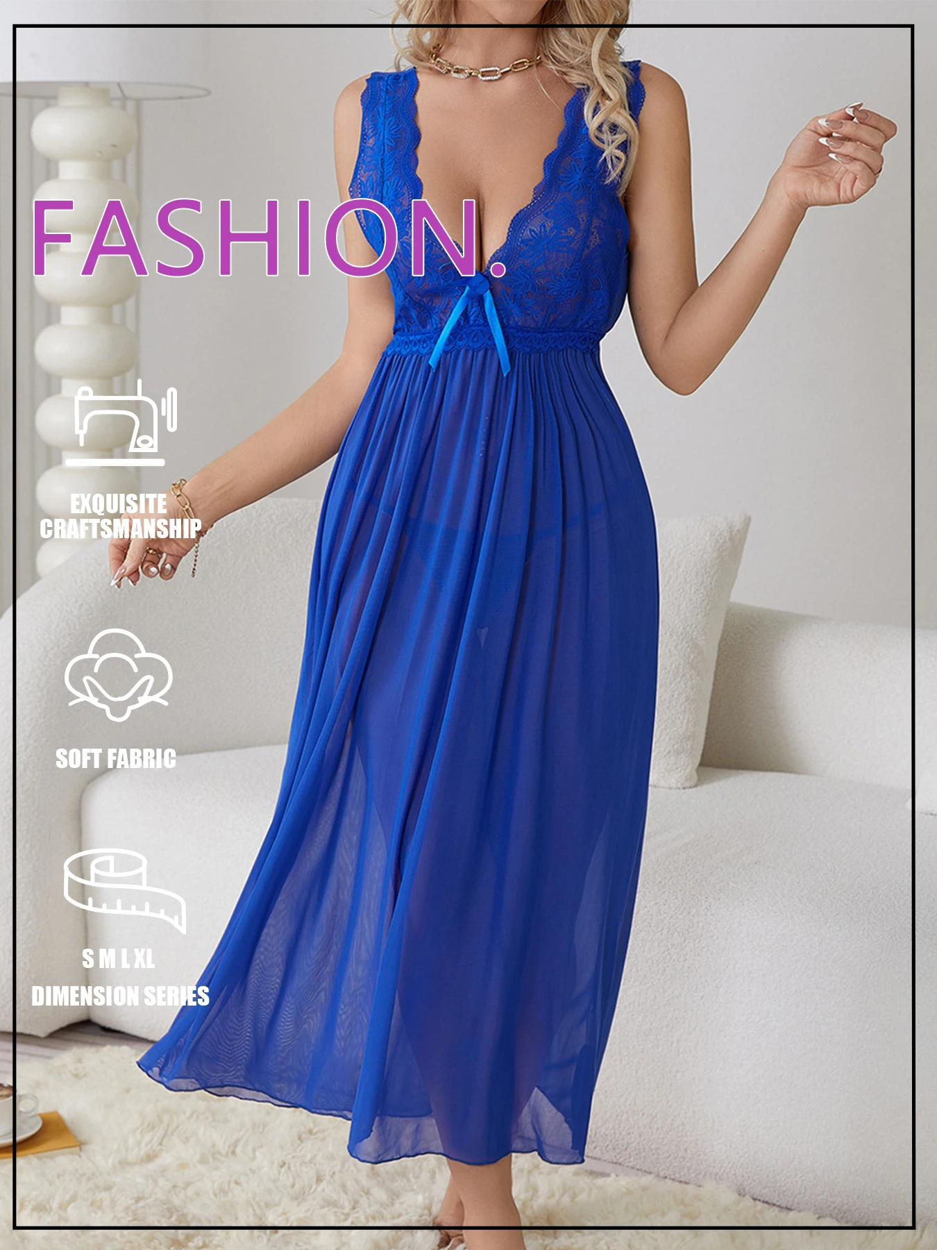 Conjunto de vestido de lencería Sexy para mujer, camisón largo con escote en V profundo y espalda descubierta, ropa de casa para todas las estaciones