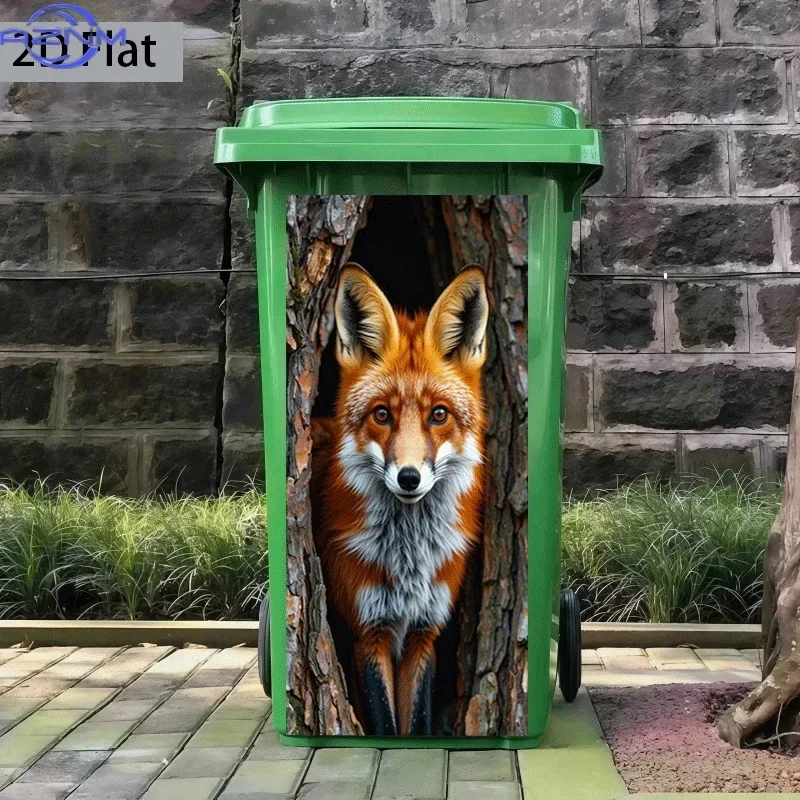 Printing Trash Can Sticker ×cm Red Fox in Tree Hole Themed Design Self-Adhesive Wall Decal Wallpaper for Kitchen Trash Can