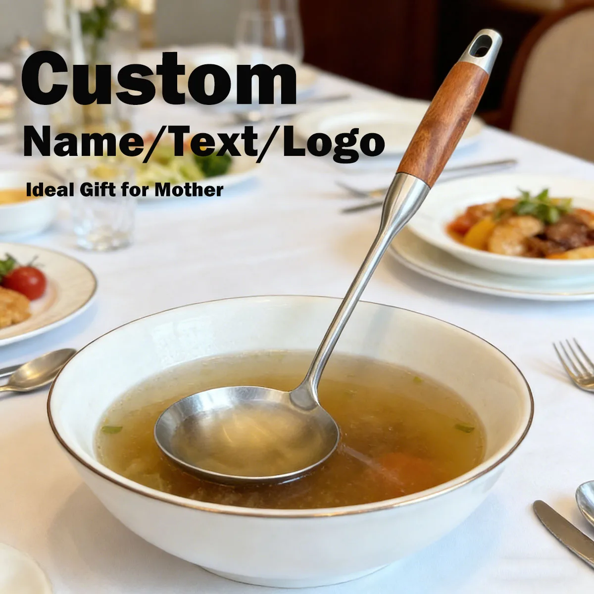 Personalized Soup Ladle, 304 Stainless Steel Cooking Ladle with Wooden Handle, Custom Engraved Name or Logo