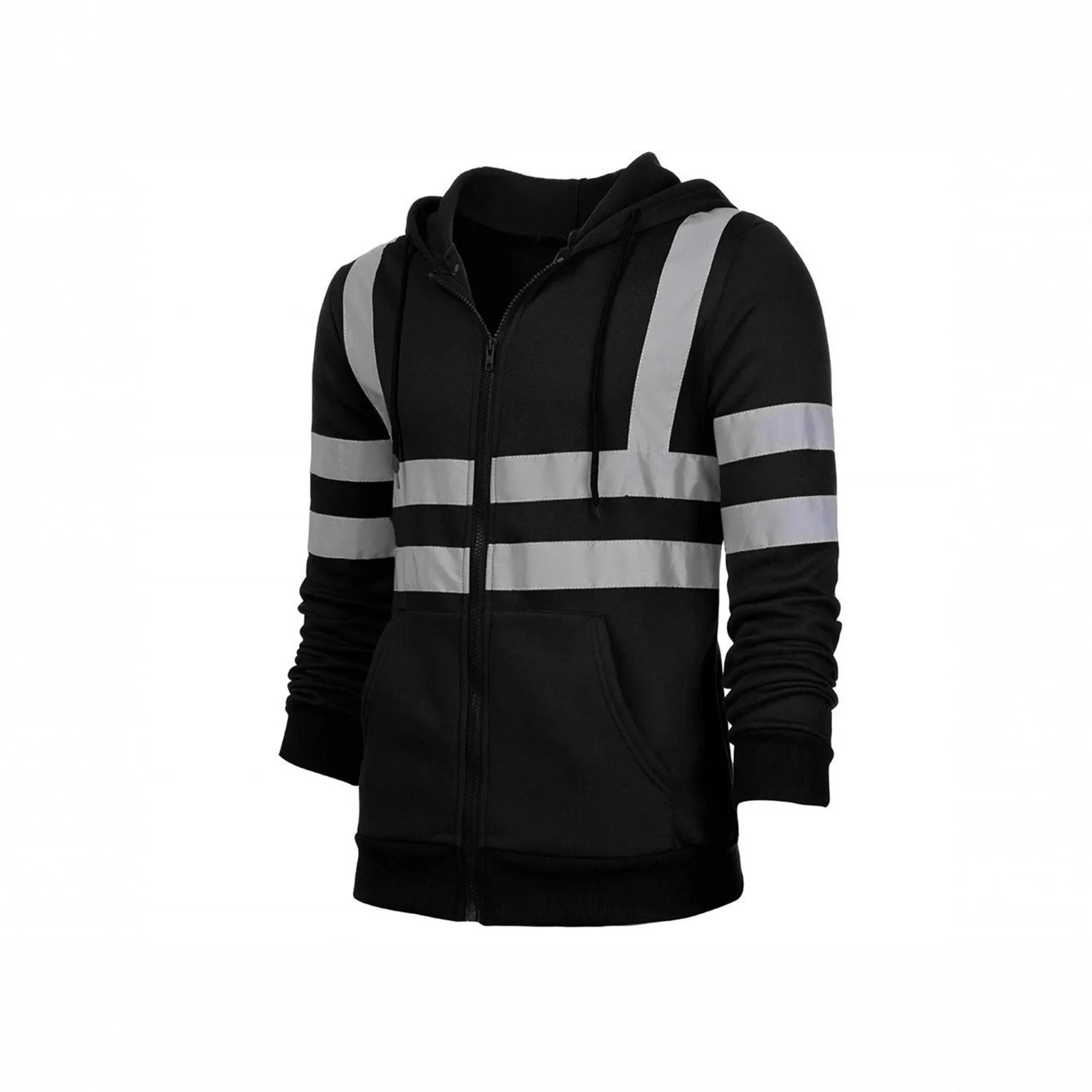 سويت شيرت رجالي مبطن بالصوف بسحاب عاكس وشريط عاكس كاجوال فضفاض مناسب ملابس خارجية مع جيوب نمط ملابس الشارع