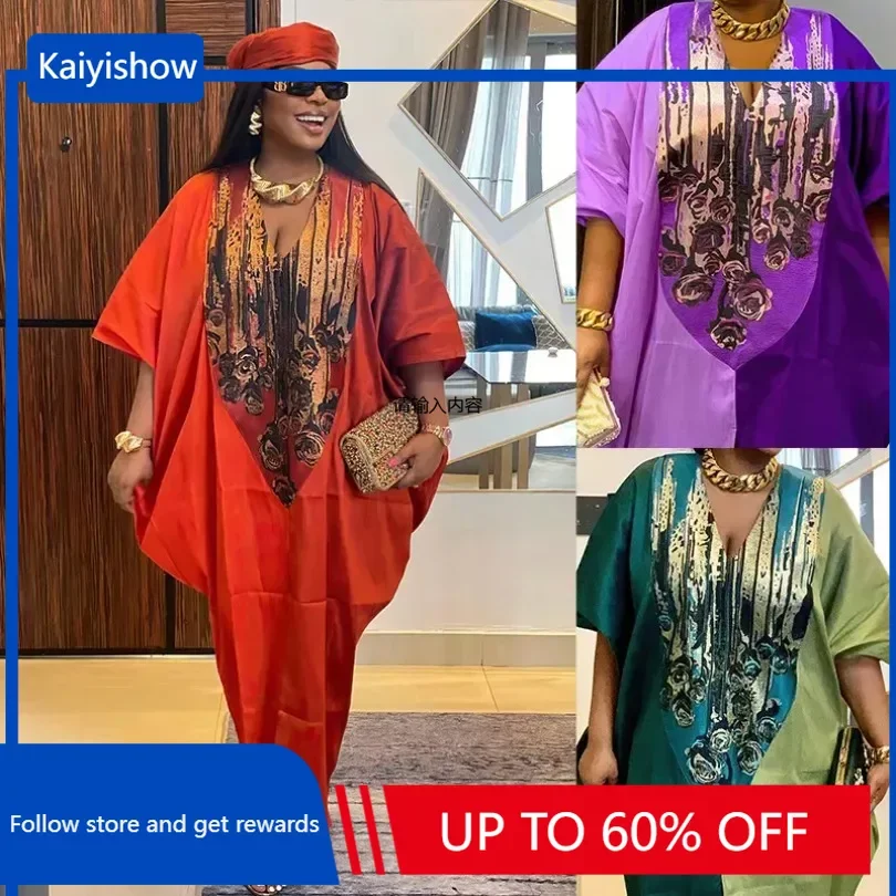 

African Plus Size Dresses for Women Autumn Spring Elegant African V-neck Party Evening Maxi Dress Boubou Muslim Fashion Caftan