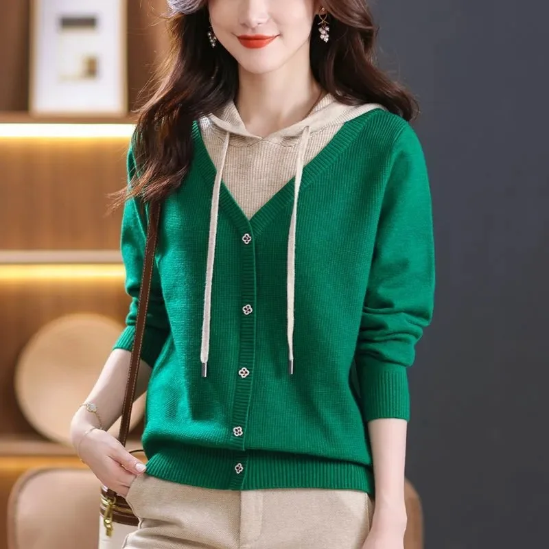 

Womens Wool Sweater Hooded Knitwear Sweatshirt Spring Autumn New Style Loose Base Layer Fake Two Piece Outer Wear Sweater