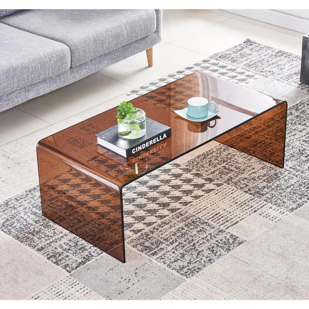 Modern Rectangular Brown Glass Coffee Table for Living Room, Small Tempered Glass Waterfall Design Sofa End Table 39.4 Inches
