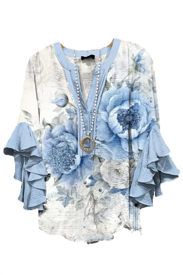Women's White Blue Floral Print Ruffle Sleeve Blouse, Casual Tops for Spring Summer Daily Streetwear & Elegant Occasions