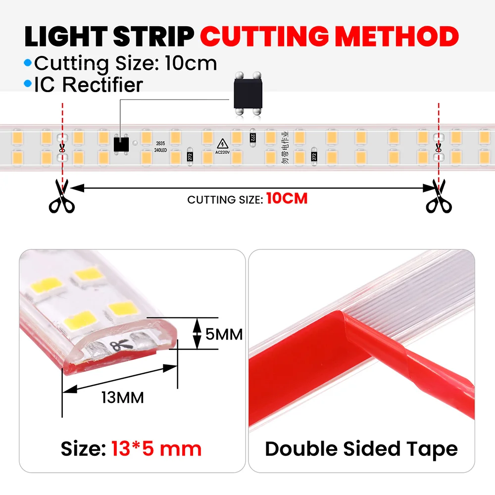 220V 240LED/m LED Strip Light with IC 2pin Wire Switch Power Kit Adhesive Tape 5m 10m 20m 30m 2835 Waterproof Flex Ribbon 0.5m