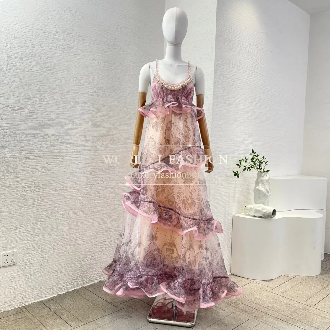 

Silk New Latest Collection High Quality Floral Print Vintage Black Pink Women Elegant Midi Dress