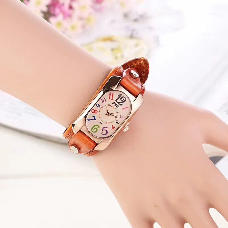 

Quartz Watch Faux Leather Women Multi-color Time Scales Analog Quartz Wristwatch Rectangle Shape Horloges Ladies Dress Clock