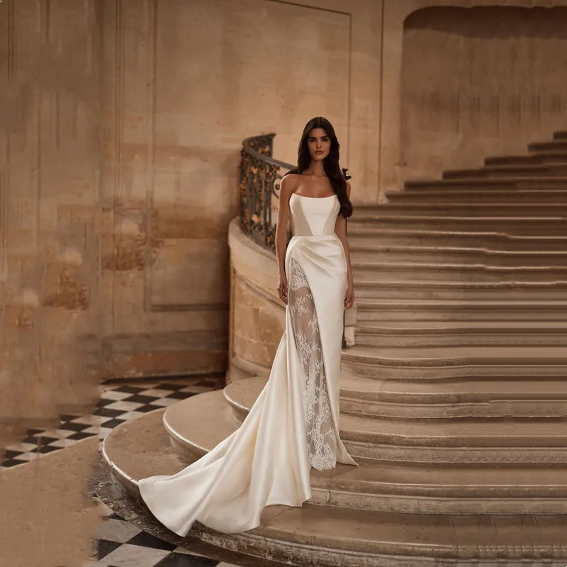 

Boho Mermaid Lace Wedding Dresses Simple Strapless Detachable Sleeves Bridel Dress Satin Sexy Backless High Side Slit Customized