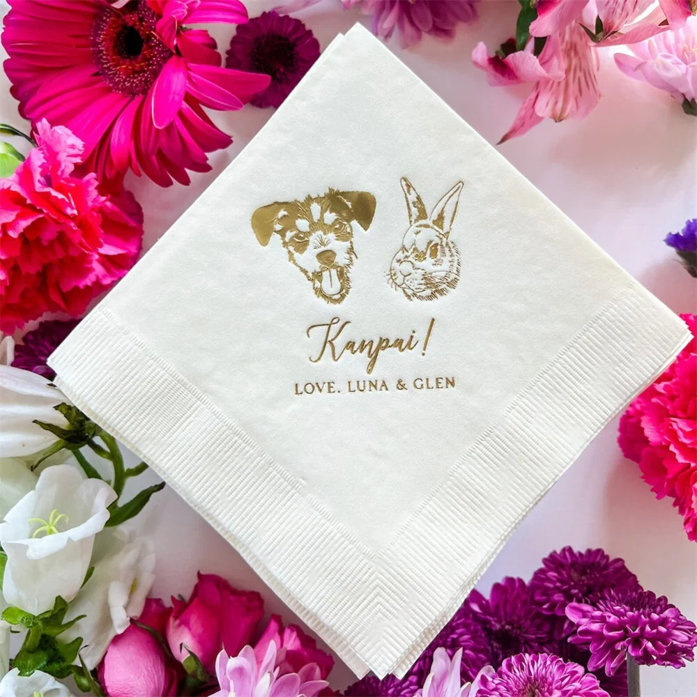 50PCS Custom Illustrated Pet Wedding Napkins, Bridal Shower, Engagement Party, Custom Bar Napkins, Custom Pet Wedding Napkins