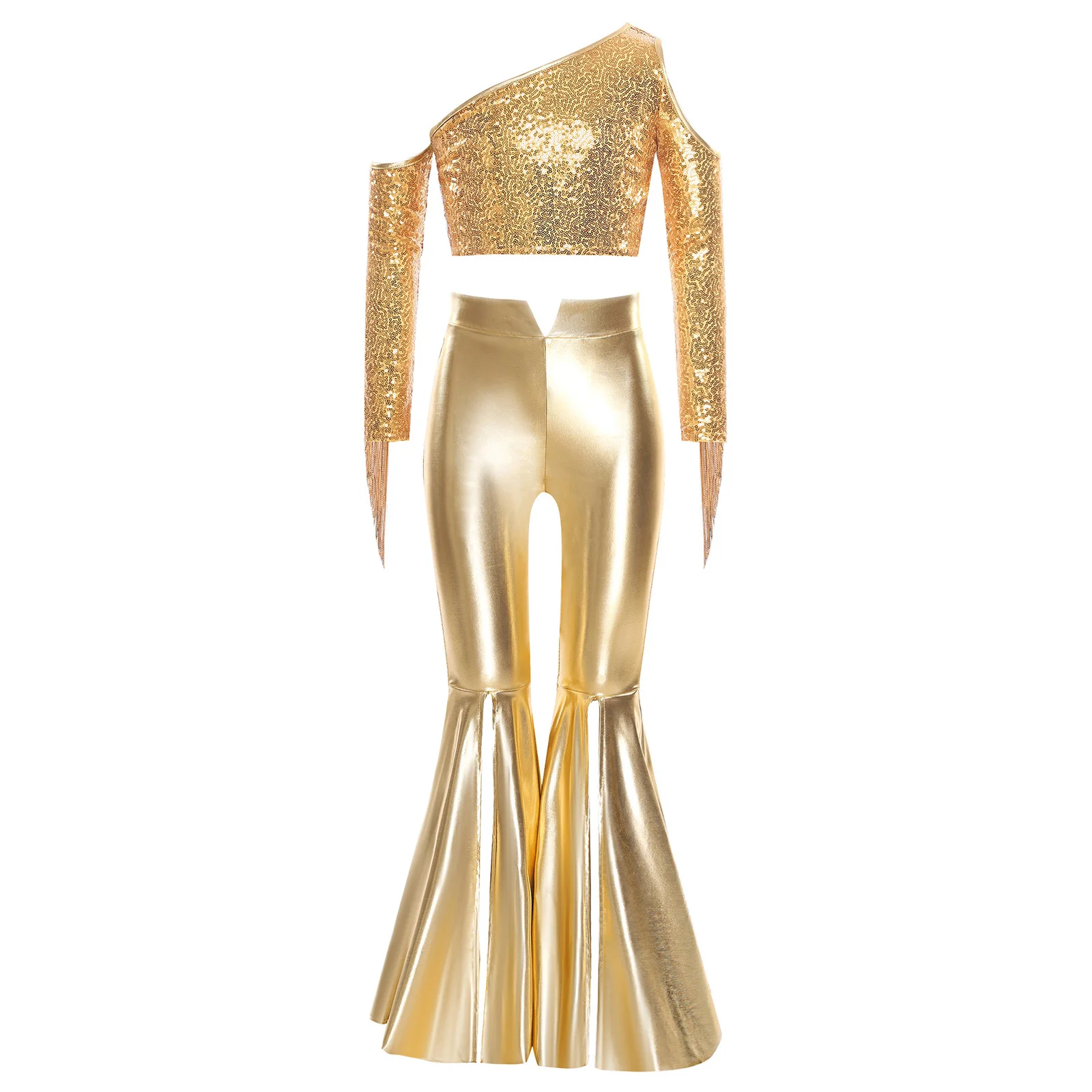 

Metallic Jazz Dancewear Set Kids Girls Sequins Crop Top And Bell Bottom Pants Carnival 70S Disco Vintage Hippie Costume Outfits