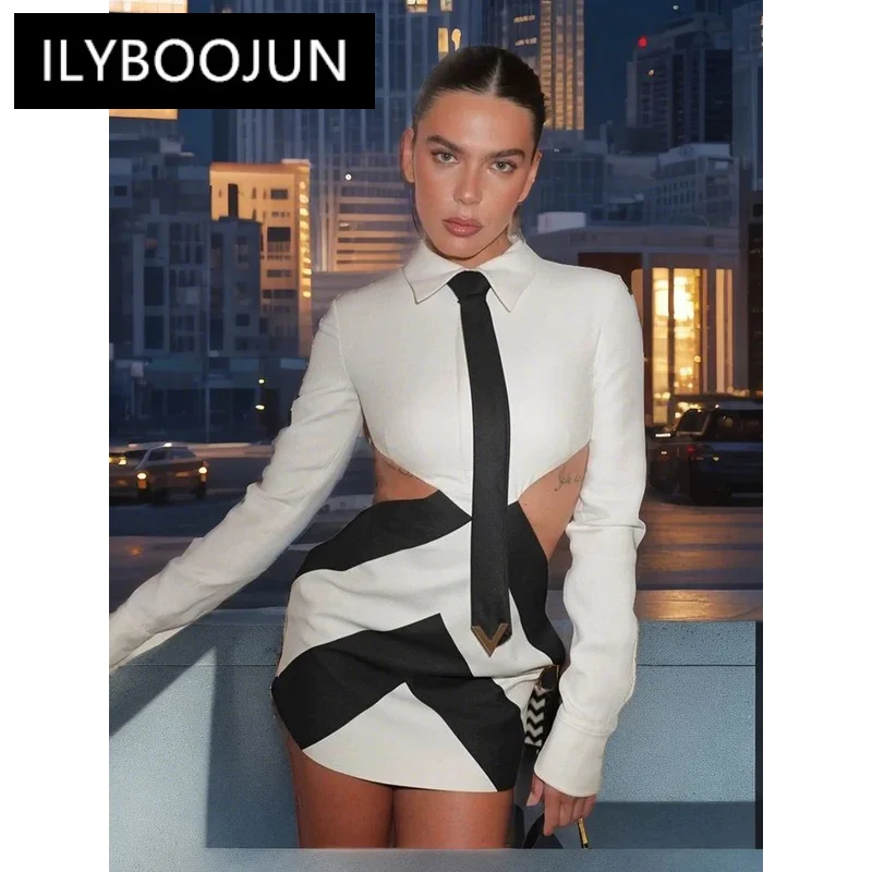 New Designer Sexy Hollow Out Shirt Collar With Tie Long Sleeve Mini Party Dresses For Women Birthday Black White Patchwork Dress