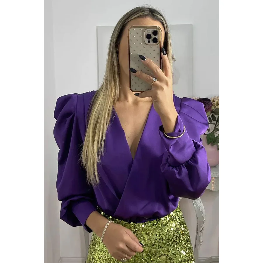 Camicia da donna in raso allentato a maniche lunghe primavera ed estate nuova moda casual con scollo a V multicolore