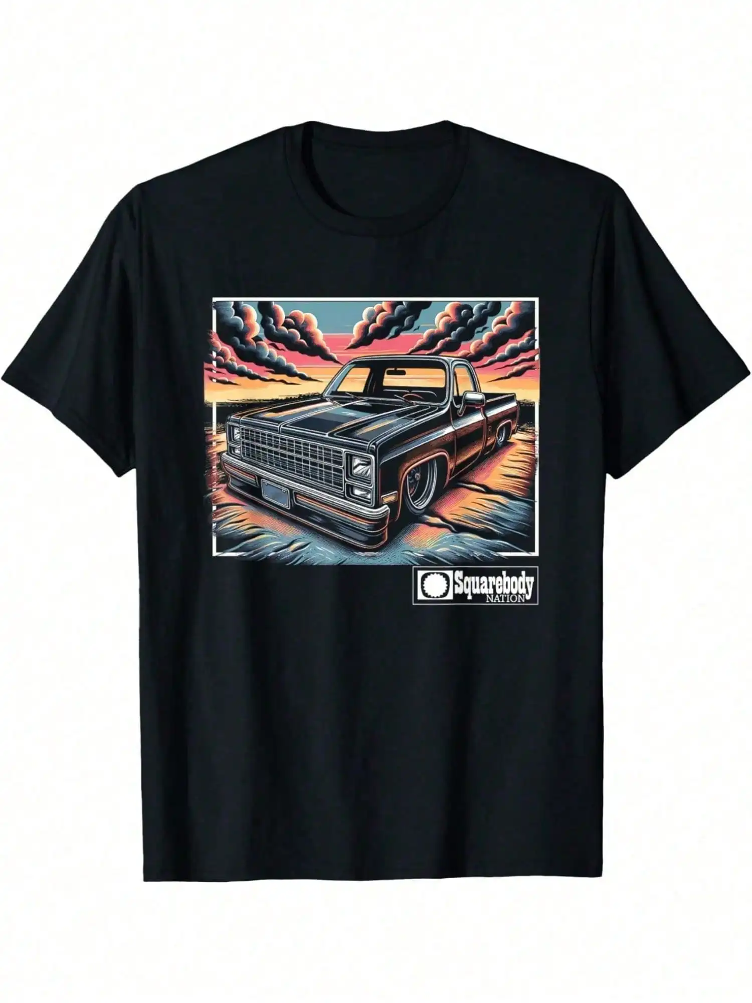 

Мужская классическая футболка с принтом Truck Sunset, 100% хлопок, повседневный круглый вырез, стандартный крой, легкая стрейч, трикотажная ткань, 180 г,