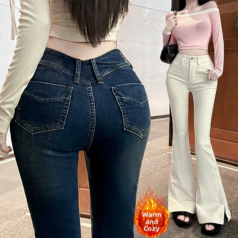 

Джинсовые джинсы-колокольчики с высокой талией, женские корейские зимние теплые брюки с разрезом на талии и V-образной подкладкой