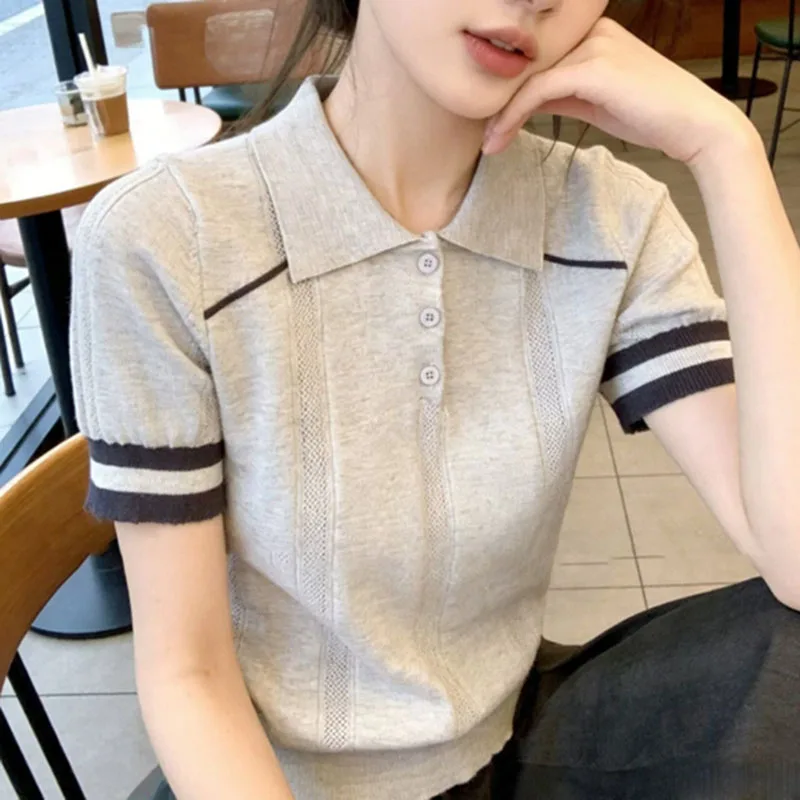 Knitted T Shirt Woman Short Sleeve Casual Turn-Down Collar Tops Slim Pullover Tshirts 2026 Summer Korean Style Womens Clothing