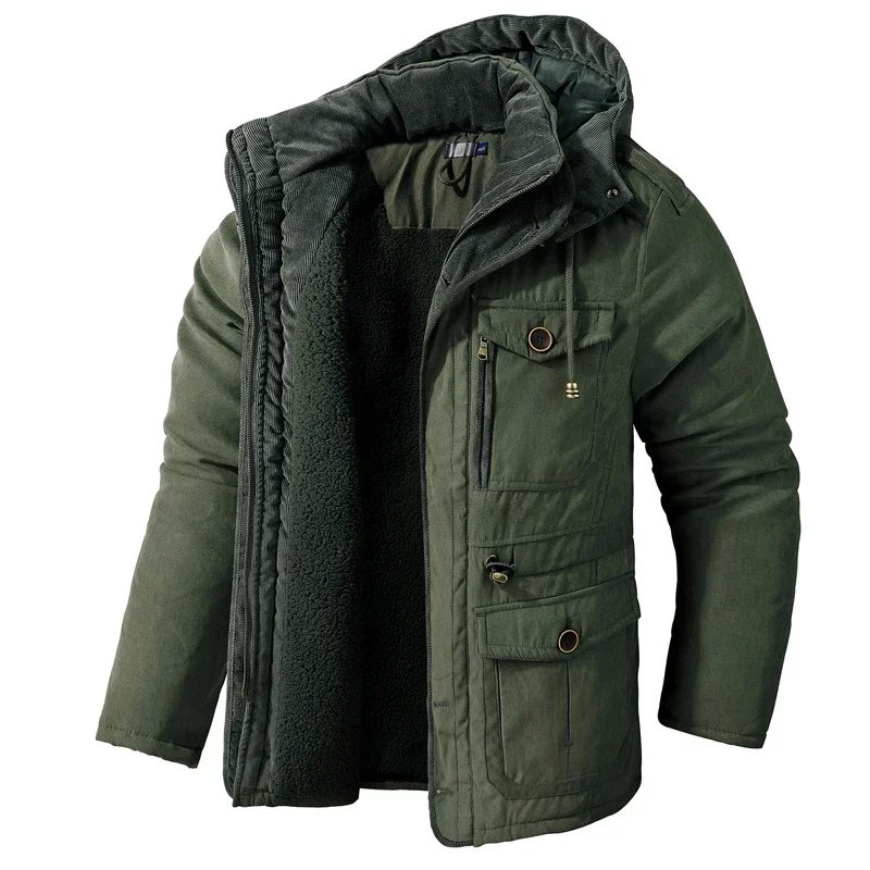 

Winter Men's Windproof Parka Jackets Hooded Thicken Fleece Windbreaker Coats Military Cargo Jacket Windproof Outerwear Coat 2024