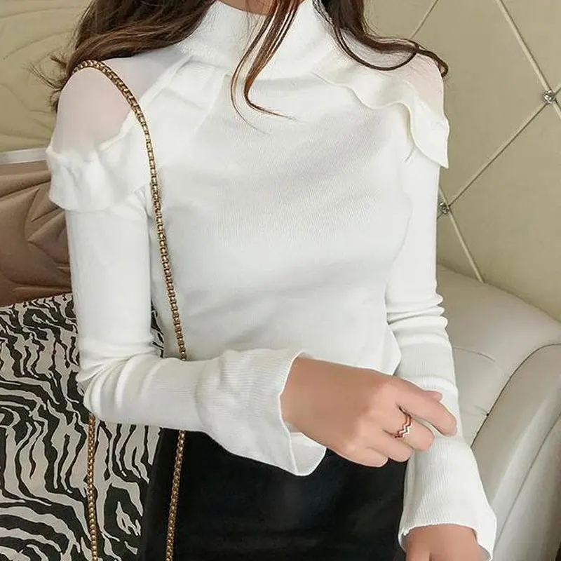 

Sweaters Half Height Collar Solid Casual Patchwork Net Yarn Elegant Office Lady Temperament Interior Lapping Women Clothing