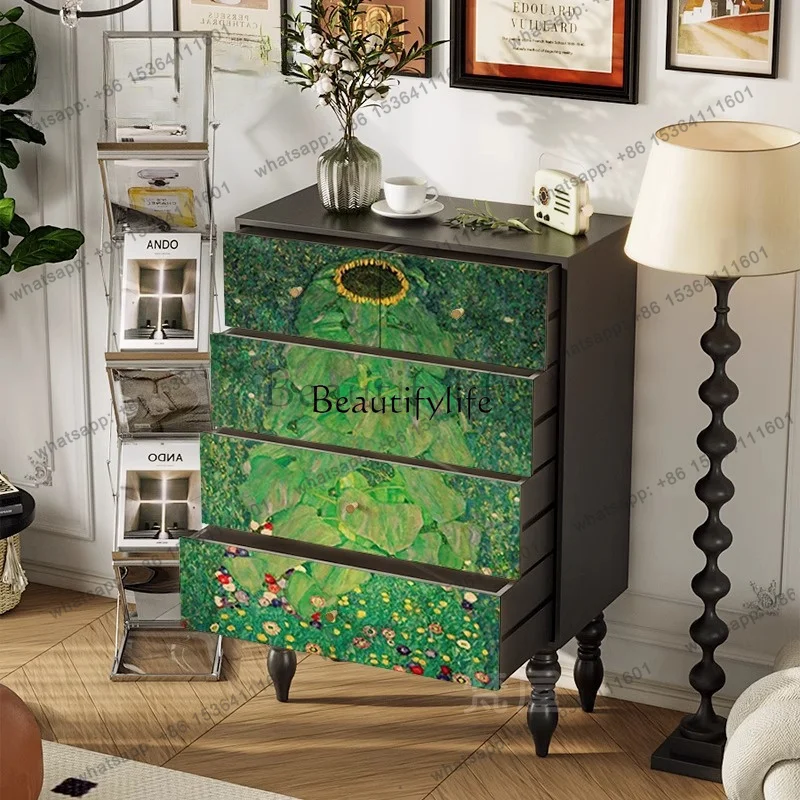 JJ -European solid wood chest of drawers sunflower art painting storage high-end decorative cabinet
