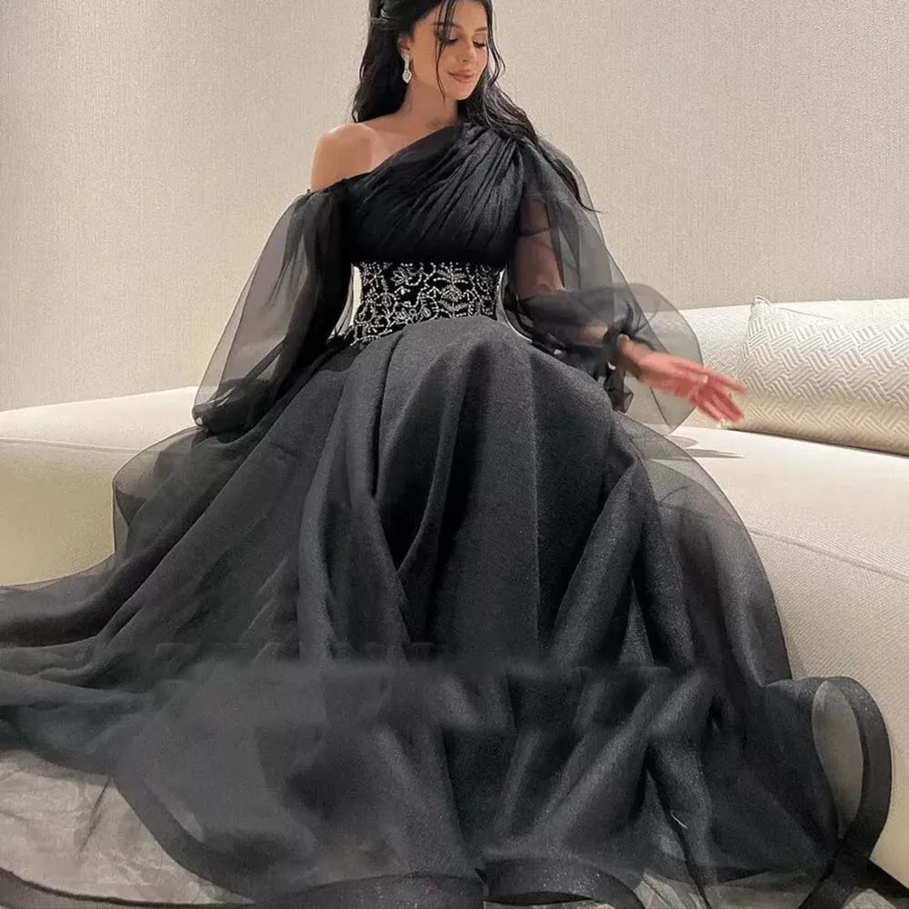 Luxury Dubai Organza Evening Dresses One-Shoulder Long Sleeve Floor Length Sweep Train Gowns Special Occasion Prom Dress 2024