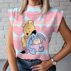 3D cartoon casual short-sleeved 2024 new short-sleeved Winnie the Pooh fashionable and comfortable women's high-neck T-shirt