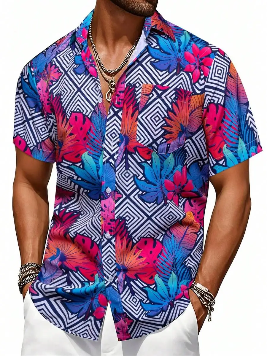 

Mens Hawaiian Shirt Tropical Print Short Sleeve Casual Button Down Shirt