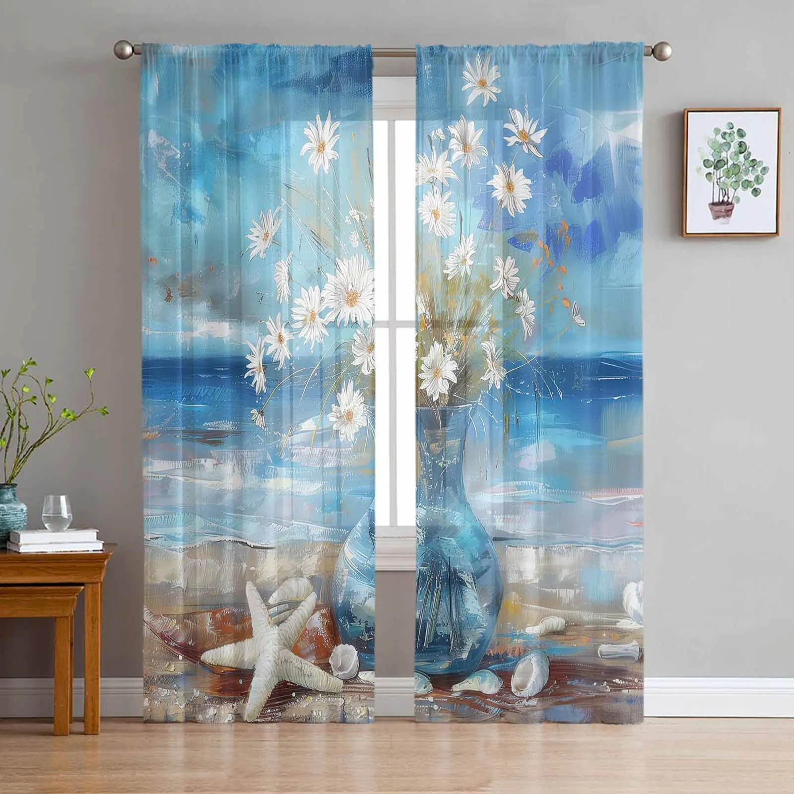 

Vintage Oil Painting Daisy Tulle Curtains for Living Room Bedroom Modern Chiffon Sheer Voile Kitchen Window Curtain