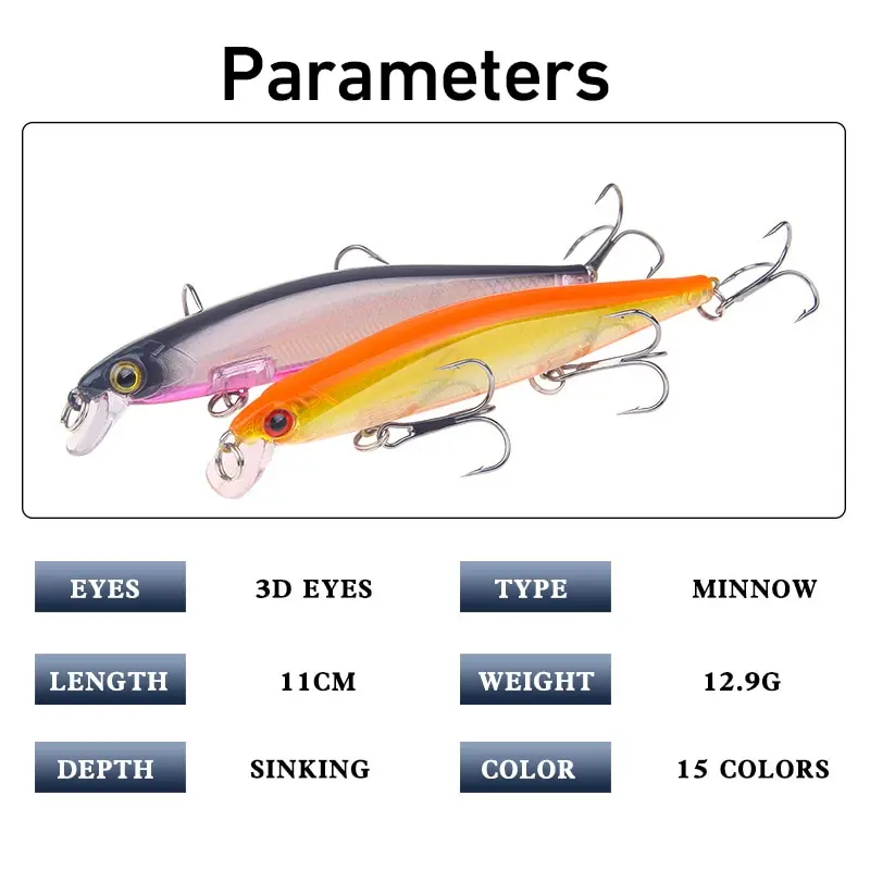 Artificial Hard Minnow Fishing Lures, Isca Wobbler, Perca, Perca, Pike, Carpa, Bass, Swimbait Flutuante, 12,9g, 11cm, 1Pc