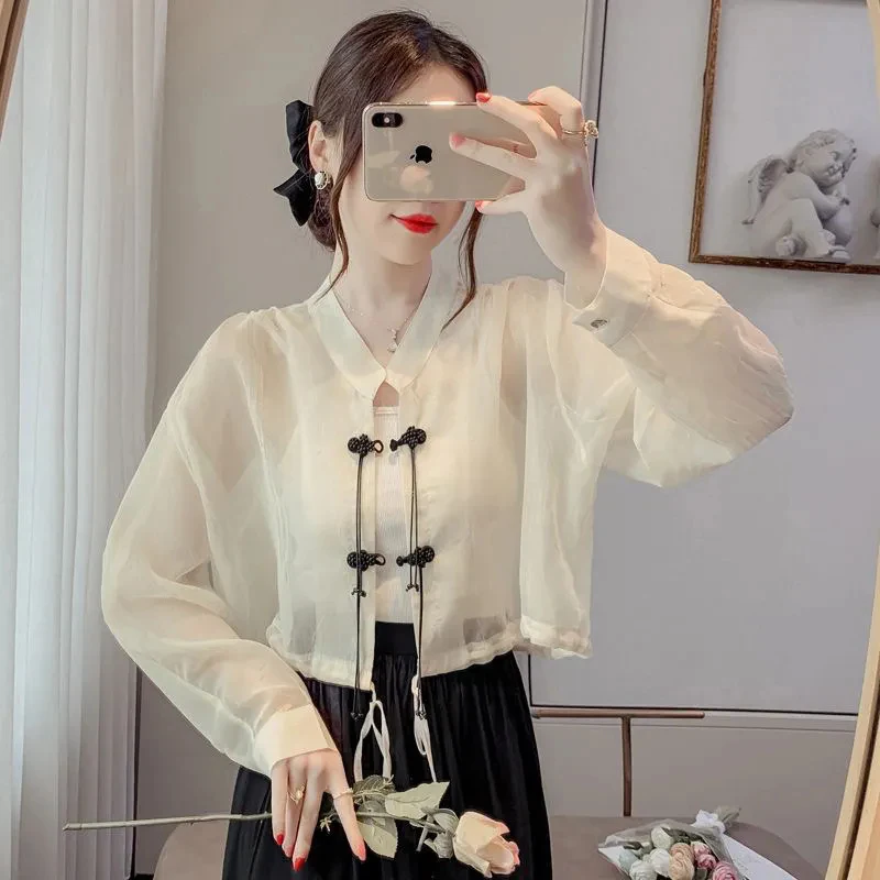 2026 chinese vintage women's summer retro chinese style jacquard sunscreen clothing new chinese style button long sleeve top