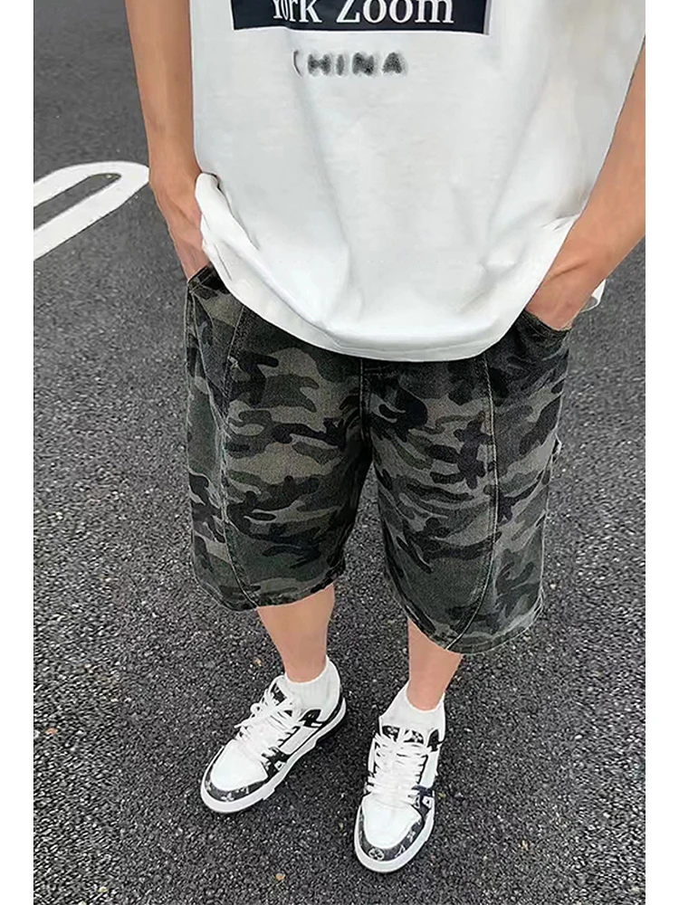 

American Retro Camouflage Workwear orts Men's Summer Trendy Brand Five-Point Denim 2024 Autumn Casual Mid-Length Pants
