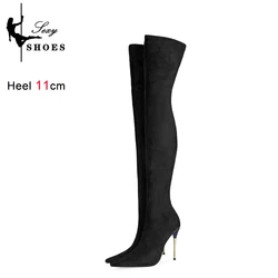 Ladies Shoes Black Autumn And Winter Long Boots For Women Elastic Suede High Heels Big Size 46 Pointed Toe Over The Knee Boots