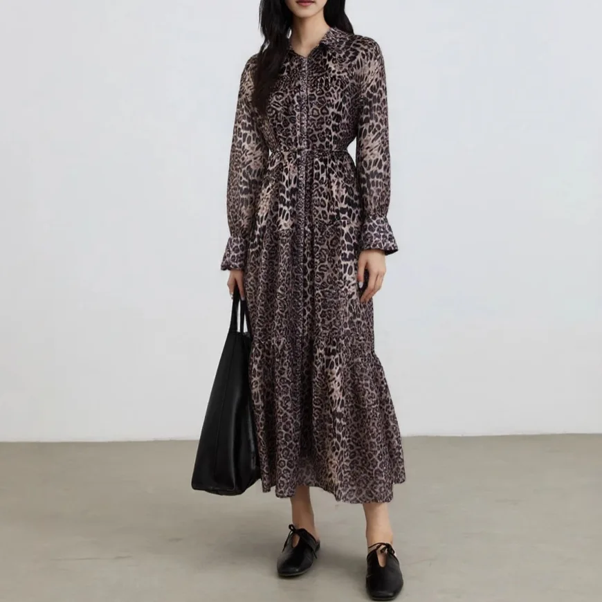 

Leopard Print Long Dresses Spring Women Long Sleeves Lapel Big Swing Dress Summer High Waist Single Breasted Knee Length Dress