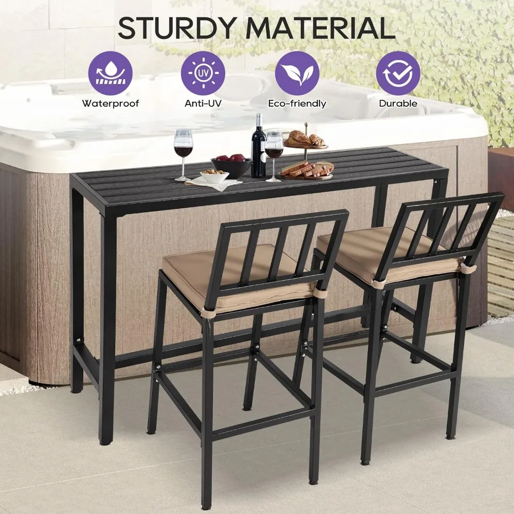 Outdoor Bar Table, 63 Black Patio Counter Height Bar Table, Outdoor Console Table with Weather Resistant Waterproof Top for Hot