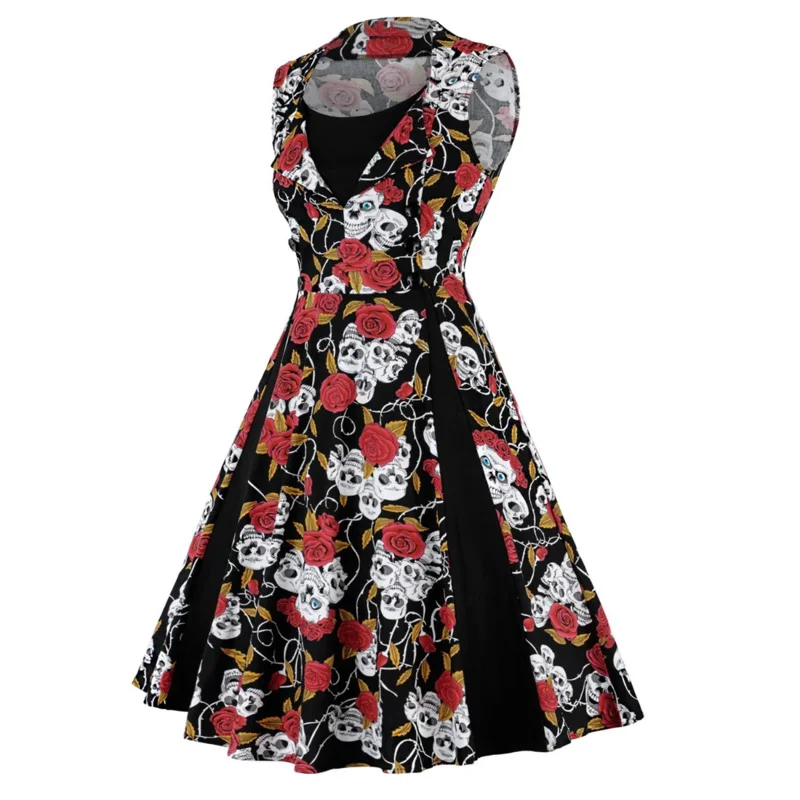 2024 Skull Print Halloween Party Midi Dress 5XL 4XL Retro Vintage Swing Rockabilly Dot Floral Patchwork Casual Holiday Tea Dress