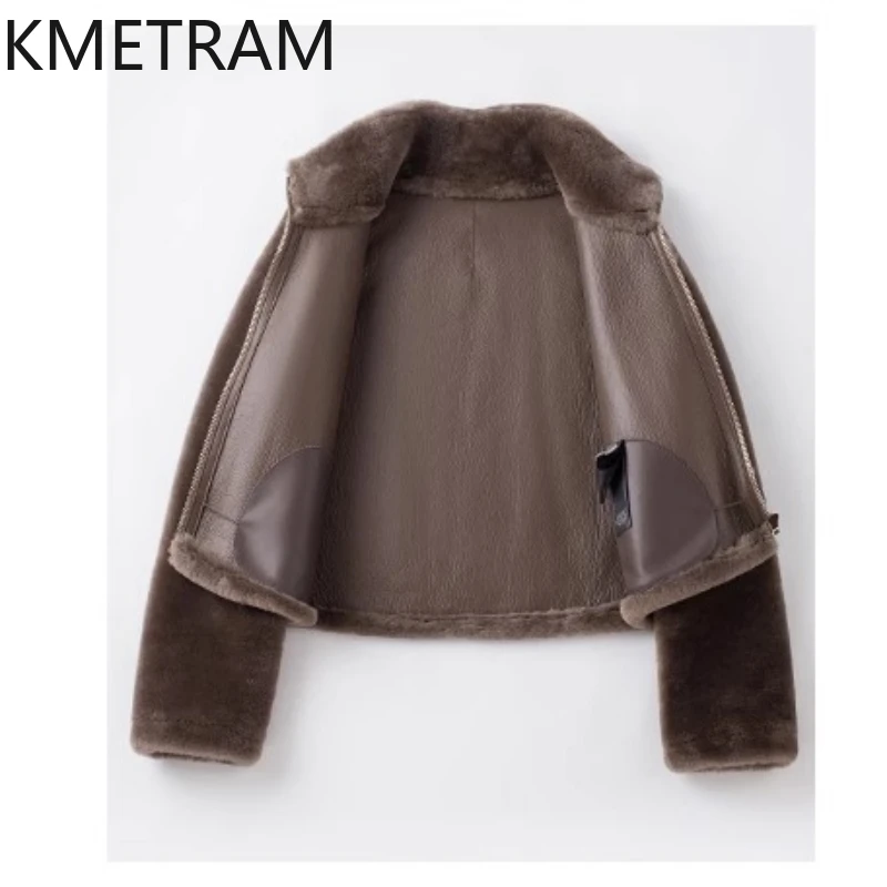 سترة نسائية من صوف ميرينو الطبيعي من جلد الغنم مزدوجة الوجه بياقة واقفة معطف فرو حقيقي قصير ملابس نسائية شتوية 2025