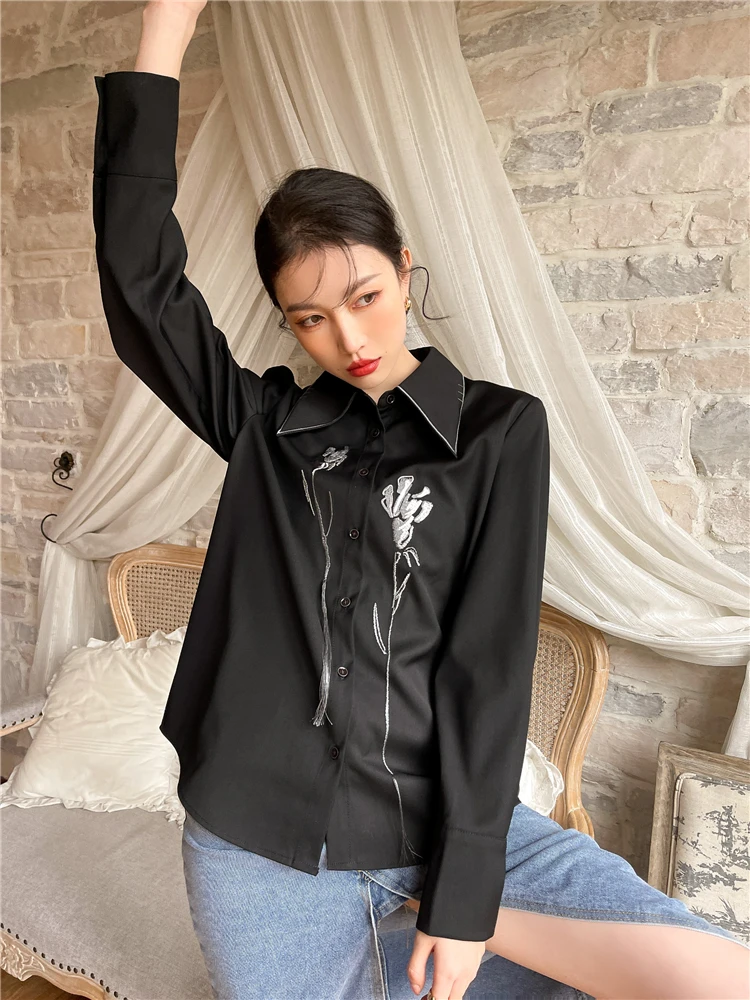 CHEERART Black Floral Embroidered Shirt For Women Spring 2022 Long Sleeve Top Button Up Collared Shirt Blouse High Fashion