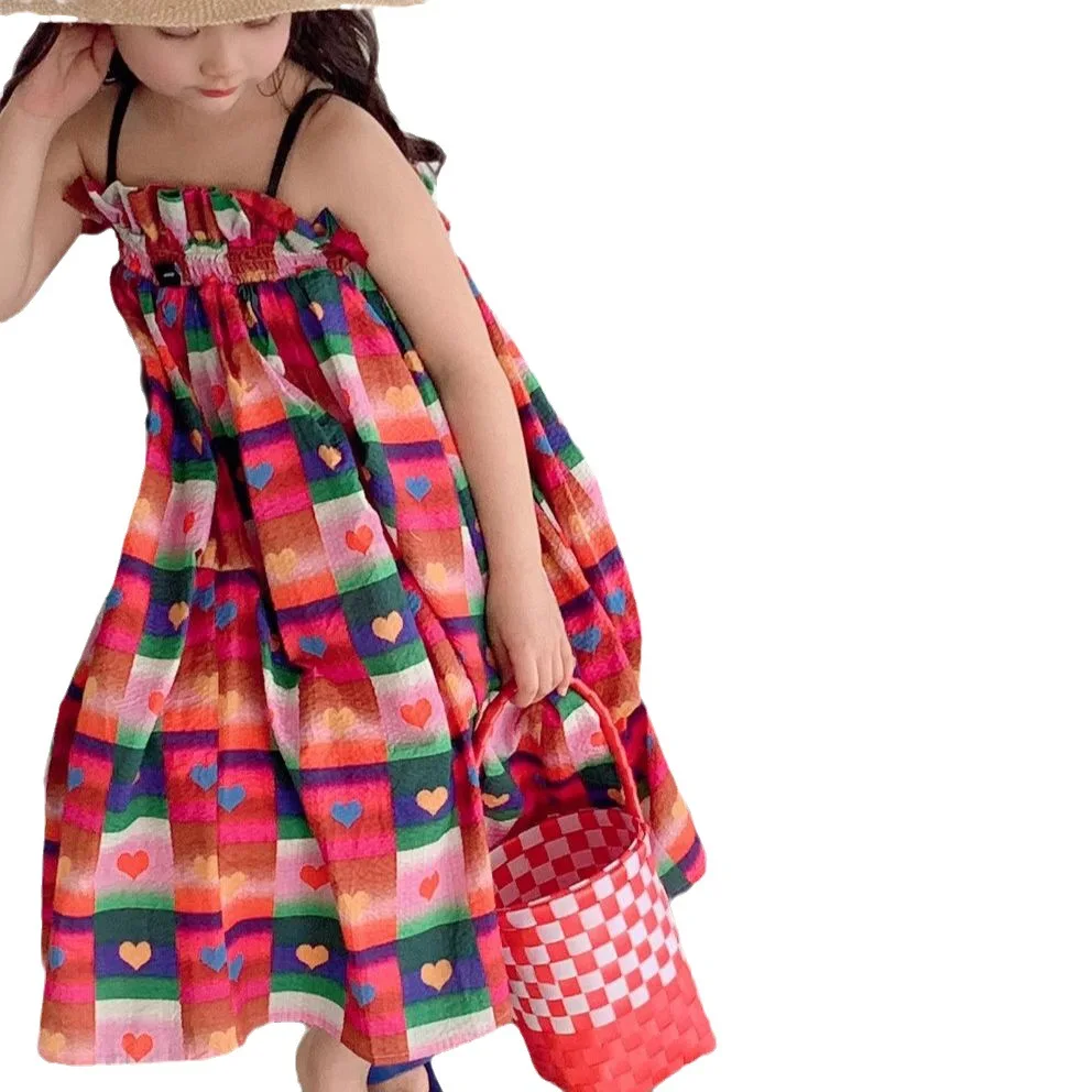 Baby Girls\' Plaid Dress Multi Color Love Suspender Dress Elastic Band Pleated Edge Princess Dress Summer New Children\'S Clothing