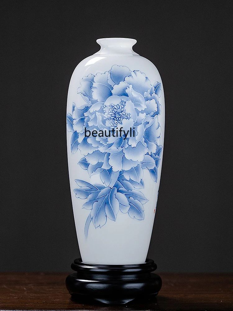 New Chinese Style Ice Crystal Jade Porcelain Hand-Painted High-End Vase Home Living Room Curio Shelves Decoration