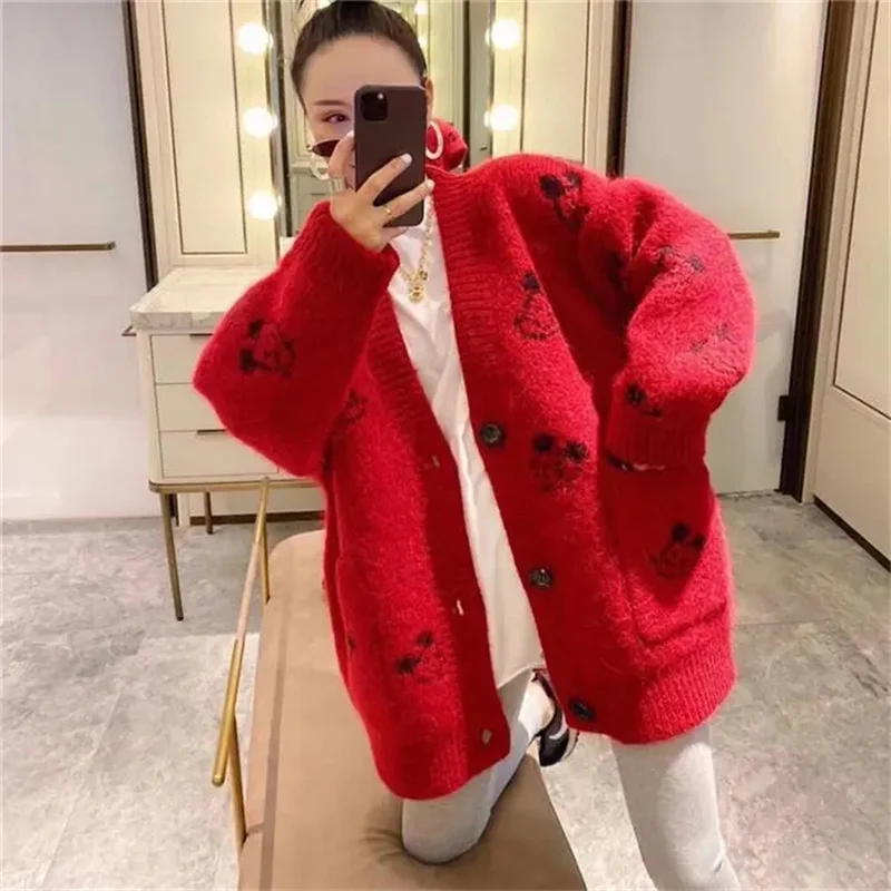 Spring Autumn Ladies Knitwear Top Coat Korean Female V-neck Knitting Cardigan Jacket  2024 Women Loose Fitting Sweater Outerwear