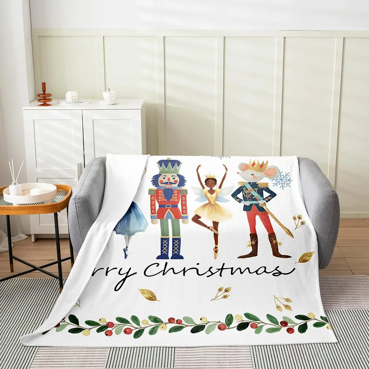 Merry Christmas Fleece Throw Blanket Baby-Ultra-Soft for Couch Sofa Bed,Nutcracker Guarder Princess Flannel Blanket,Kawaii Gold