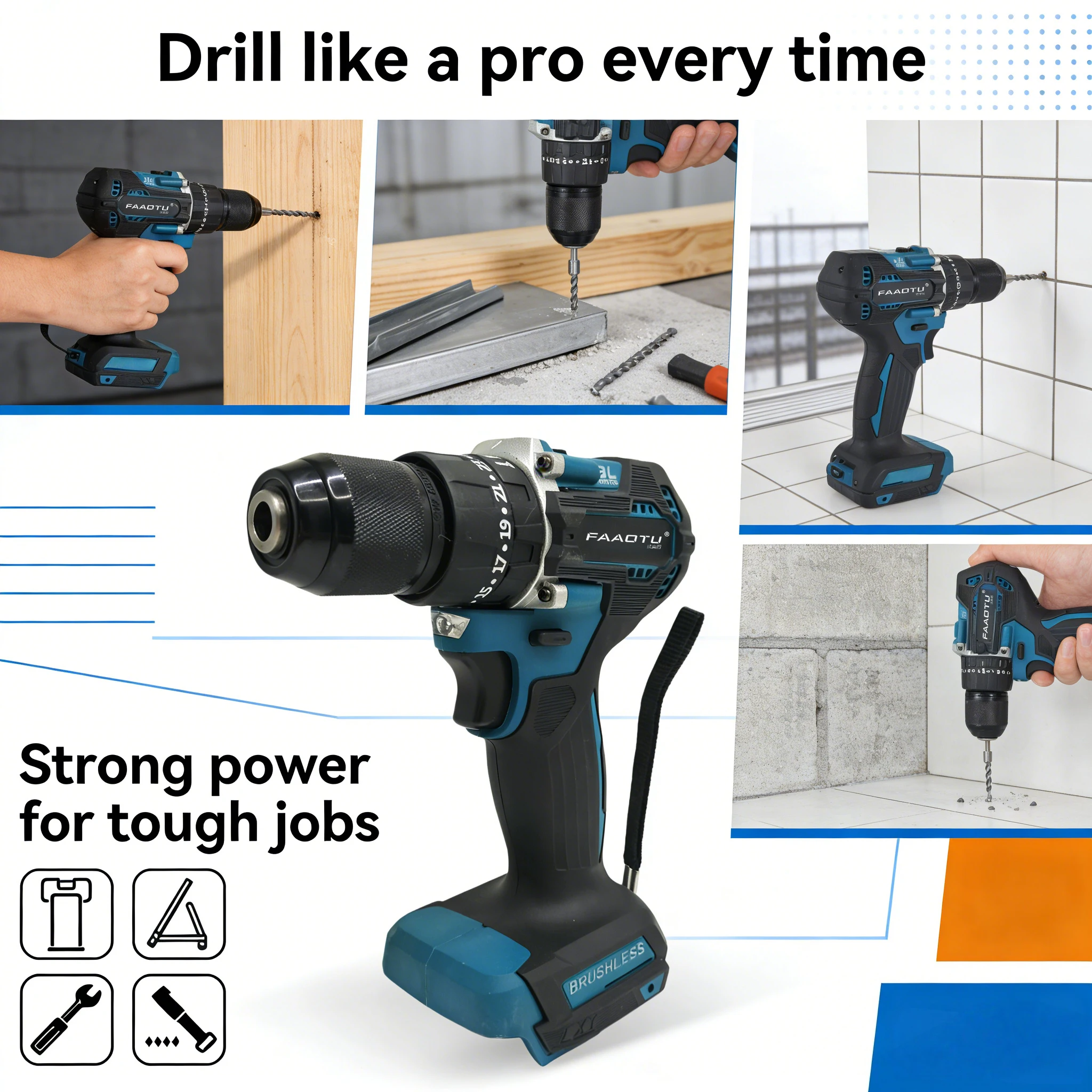 

FAAOTU DDF487 10mm Cordless Driver Drill Brushless Electric Impact Screwdriver 18V Rechargeable Power Tool for MT battery