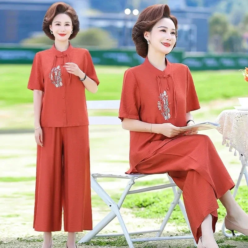 Middle Aged Mother Summer Cotton Linen Sets Embroider Shirts Top + Elastic Waist Wide Leg Pants Two Piece Suit Women 2PCS 5XL