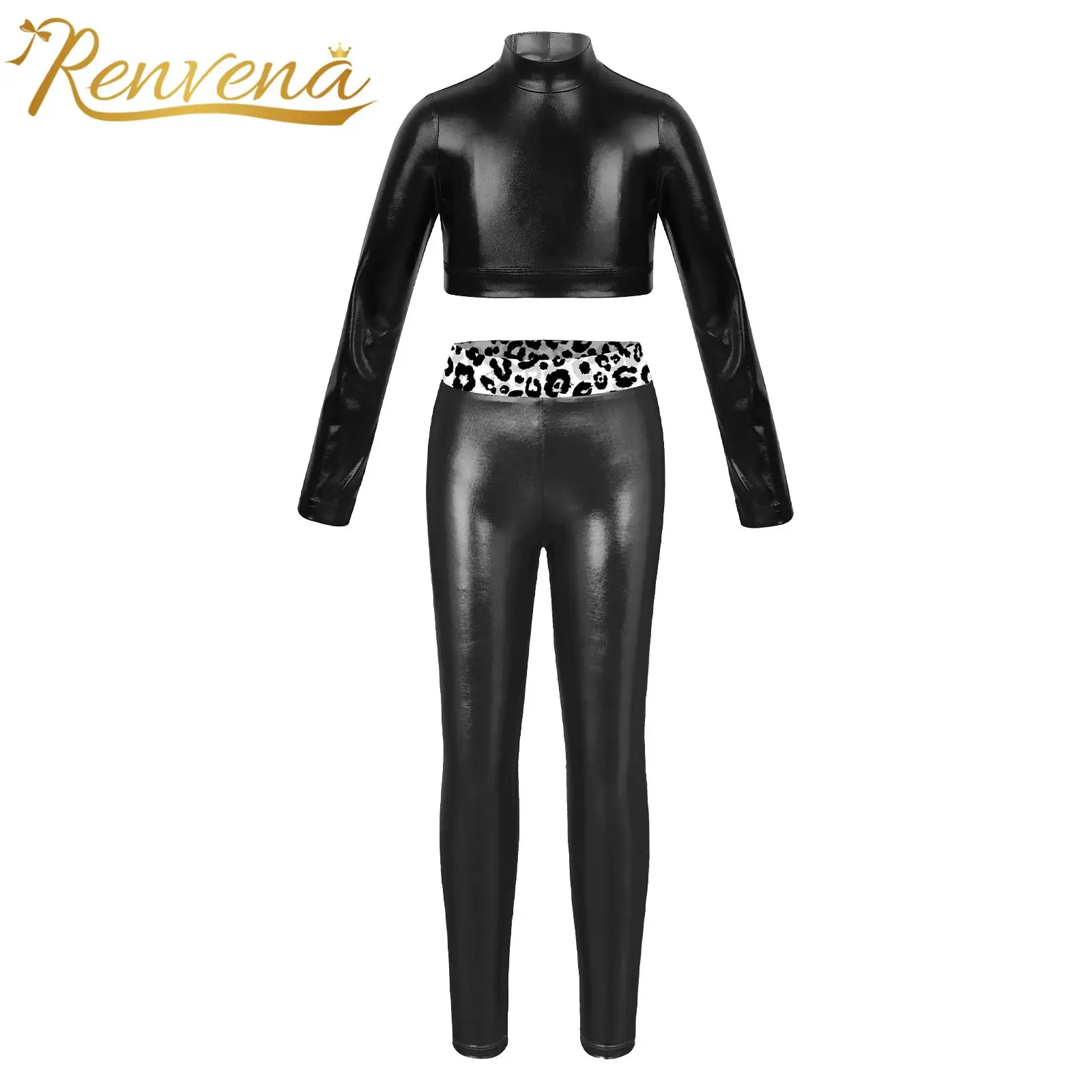 

Children Ballet Outfit Kids Girls Long Sleeve Metallic Clothes Sets for Dancing Gymnastics Workout Hip Hop Jazz Dance Costume