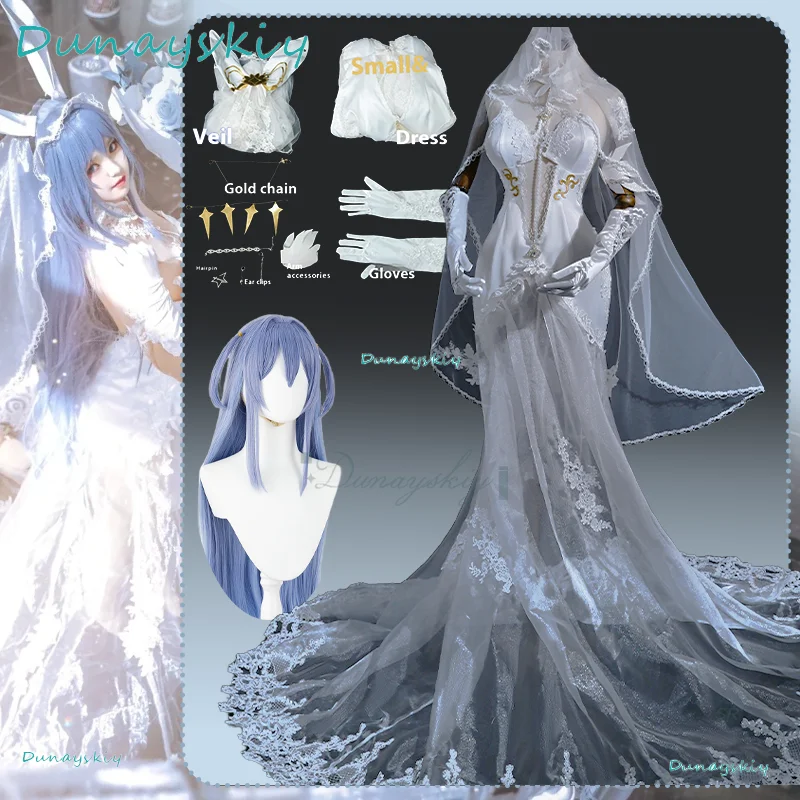 

GAME Azur Lane USS New Jersey Cosplay Costume Bride Wedding Dress Veil Blue Wig Full Set Lace Clothing Accessories For Halloween