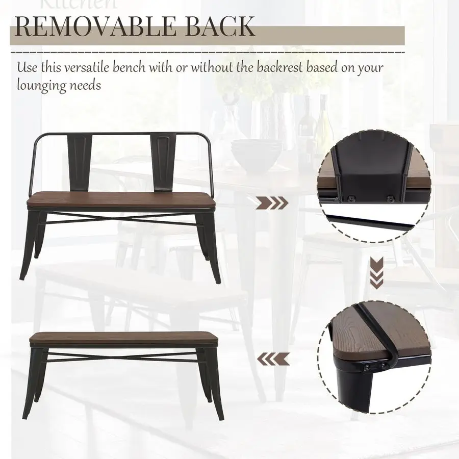 Dining Bench, Entryway Bench with Back, Farmhouse Metal Dining Bench, Industrial MidCentury 3 Person Rustic Spindle Bench, with